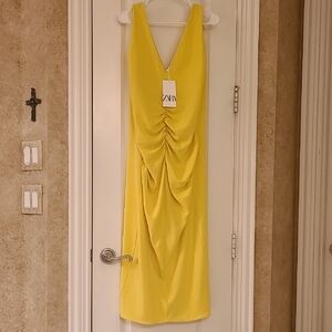 Zara NWT V Back Ruched Midi Dress Large Yellow